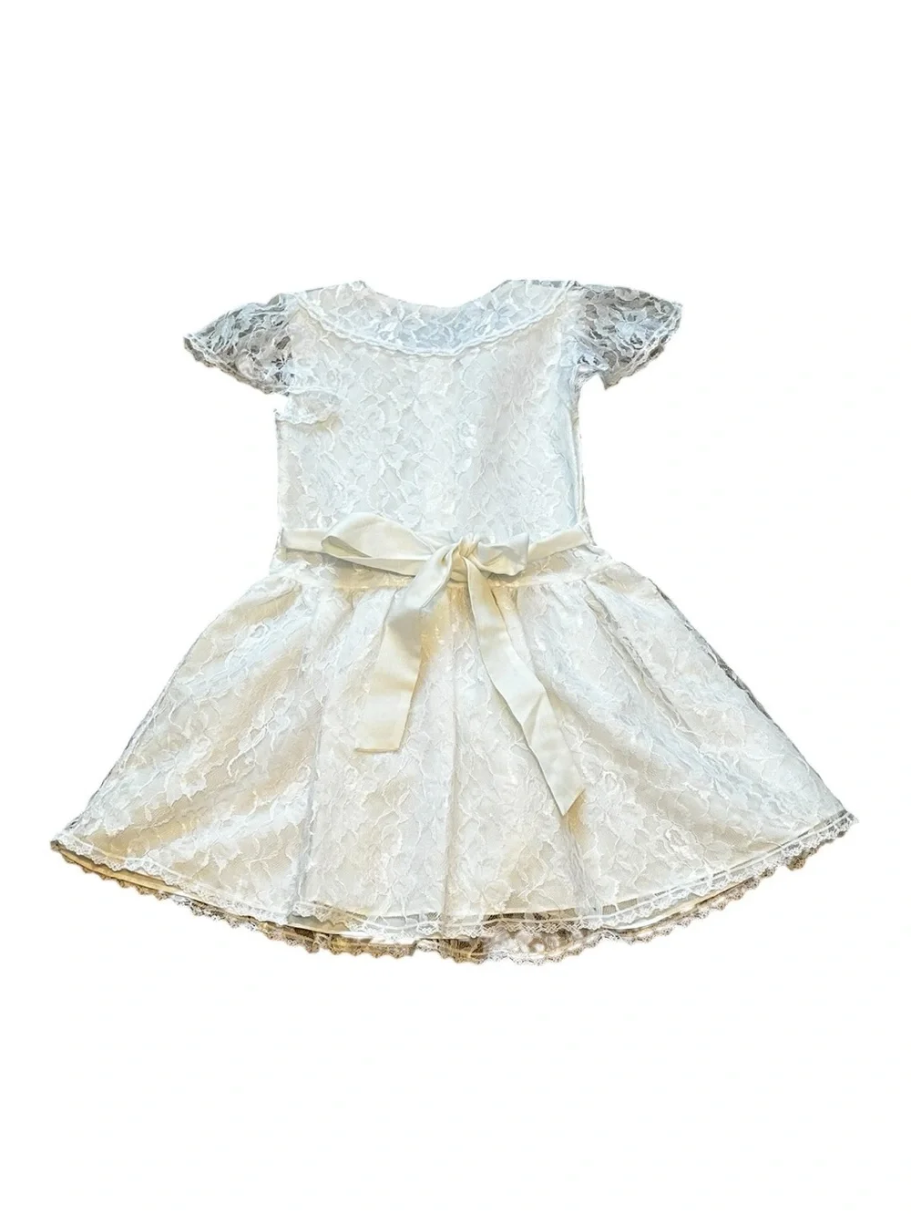 Vintage Girls White Lace Basque Waist Dress Rosettes Party Flower Girl Wedding